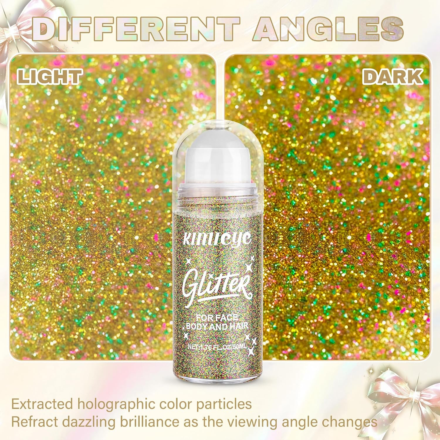 Roll-On Face Body Glitter Gel for Mardi Gras Rave Makeup, 1.69 Oz | Gold Green P