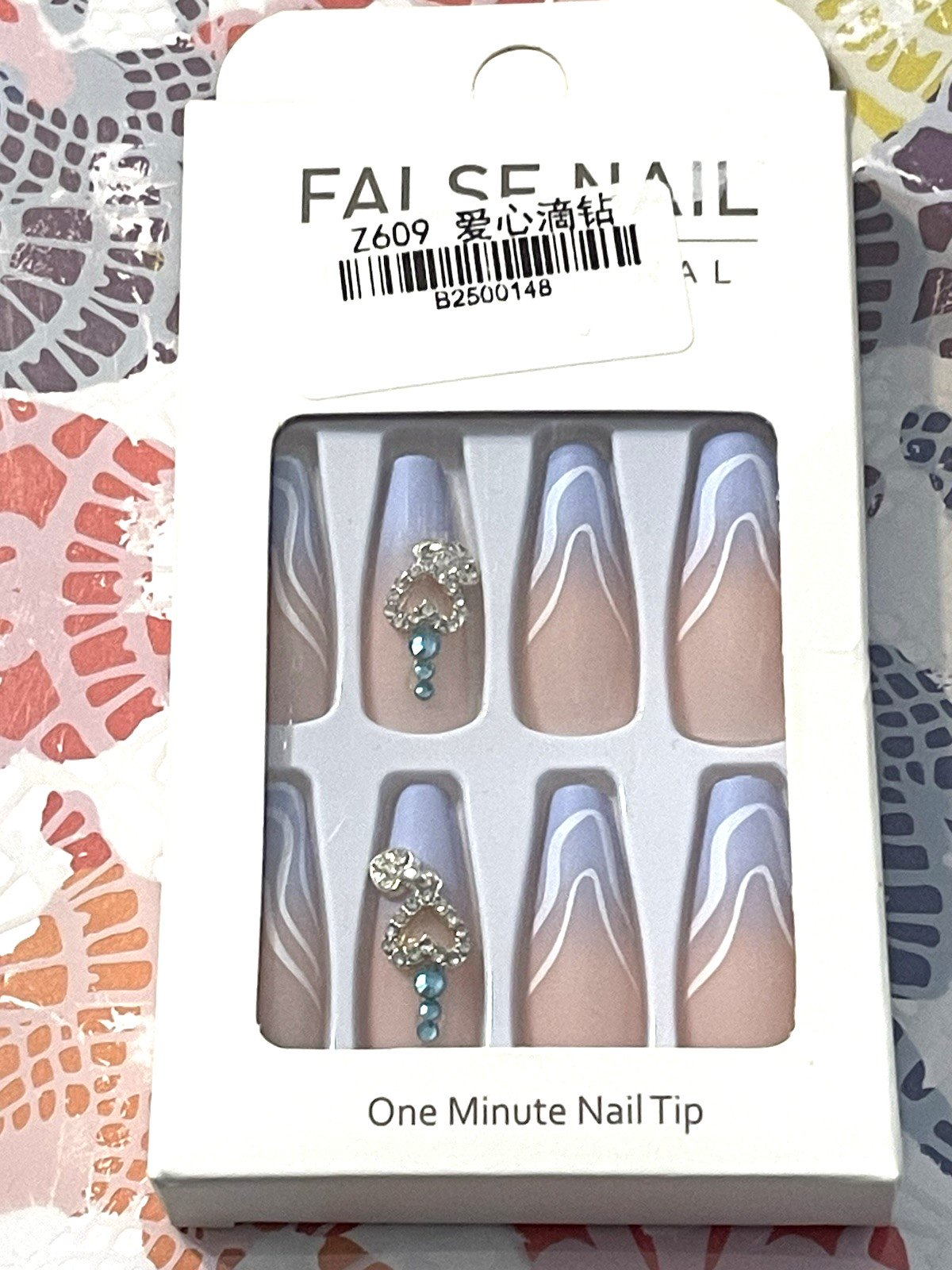 False Nail Professional NUDE LIGHT BLUE OMBRÉ with WHITE SWIRLS & HEART CHARM