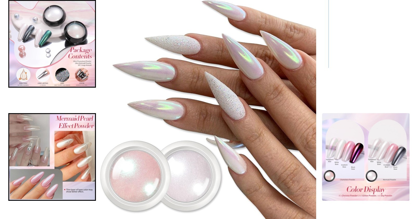 White Pearl & Chameleon Nail Powder Set – Iridescent Glitter Art Kit 10g x 2