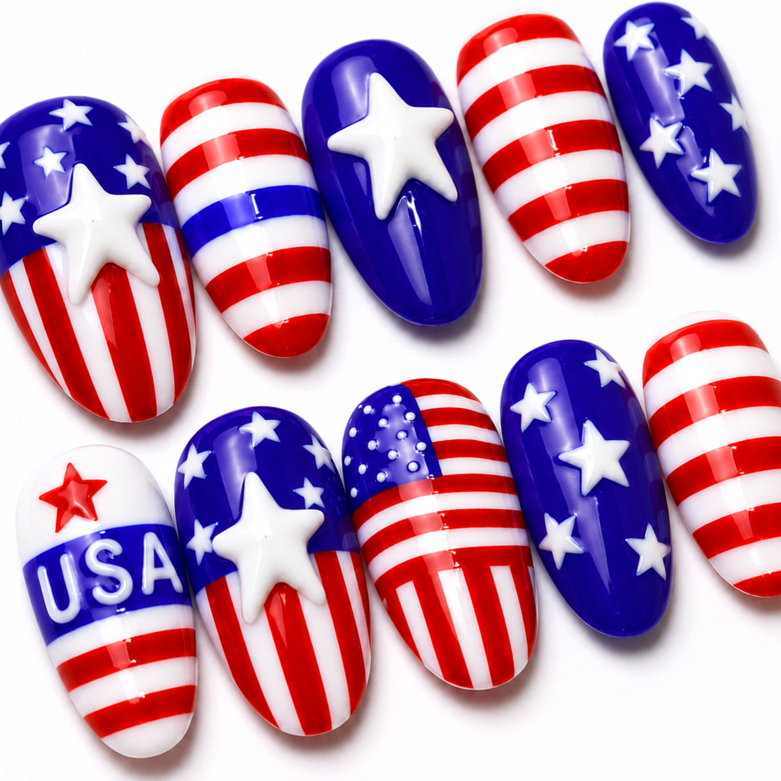 Handmade Patriotic Press On Nails Red White Blue 3D Star Oval Set