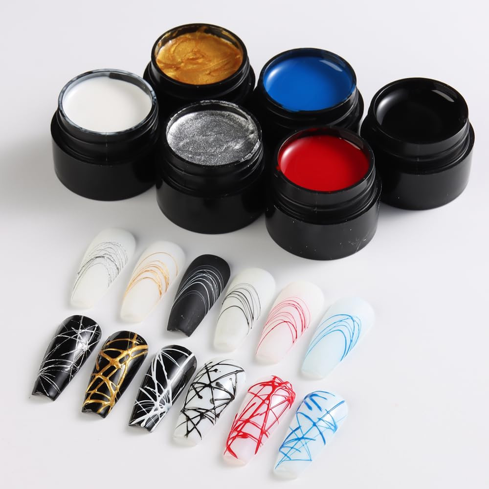 6 Colors Spider Gel Set, Elastic Drawing Spider Gel with Nail Art Brush, White B