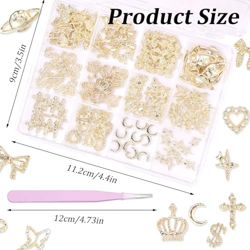 120 Pcs 12Styles 3D Gold Alloy Nail Charms Kit, Dollar Crown Butterfly gold-S1
