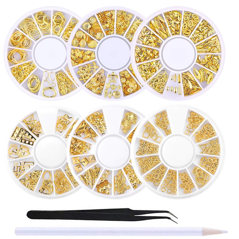 6 Boxes Gold Nail Charms Studs Rose Star Moon Feather Shape Metal Nail 3D Charm