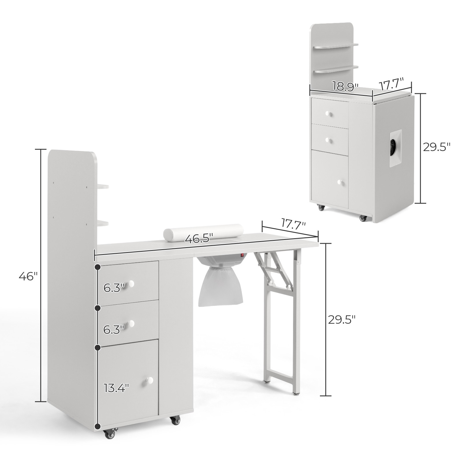 All-in-One Foldable Nail Table with Electric Dust Collector, Cabinet, Wrist Rest