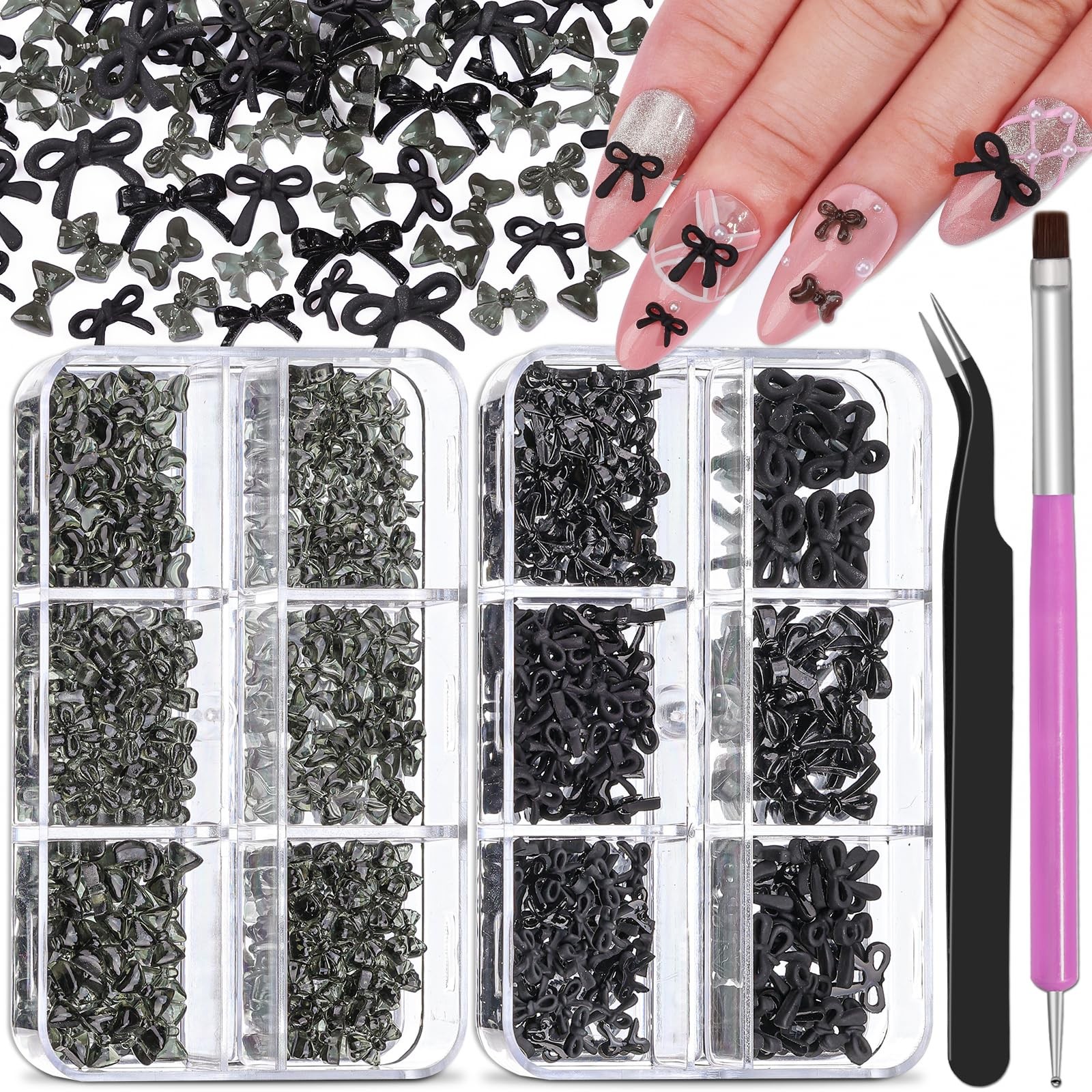 2 Boxes 3D Bow Nail Charms, Black Mini Bow Charms Transparent/Solid Resin Bow…