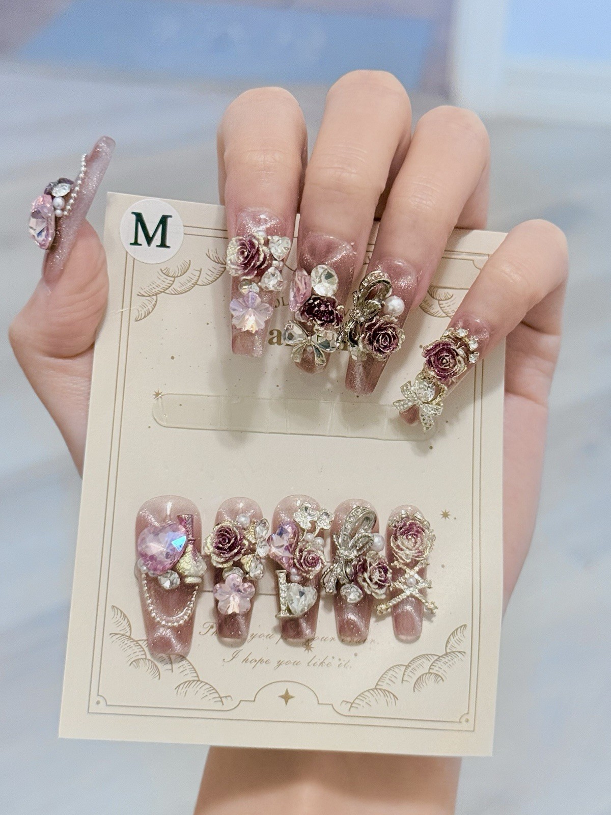 10pcs Handmade Rose Fake Nail Press On/Glue On Nails Size M(Read Description)