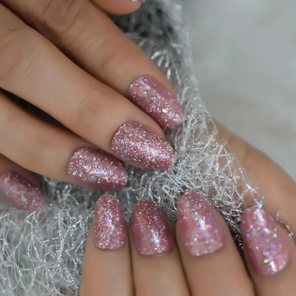 Pink Glitter Press on Nails with glue short rose gold sparkle oval almond