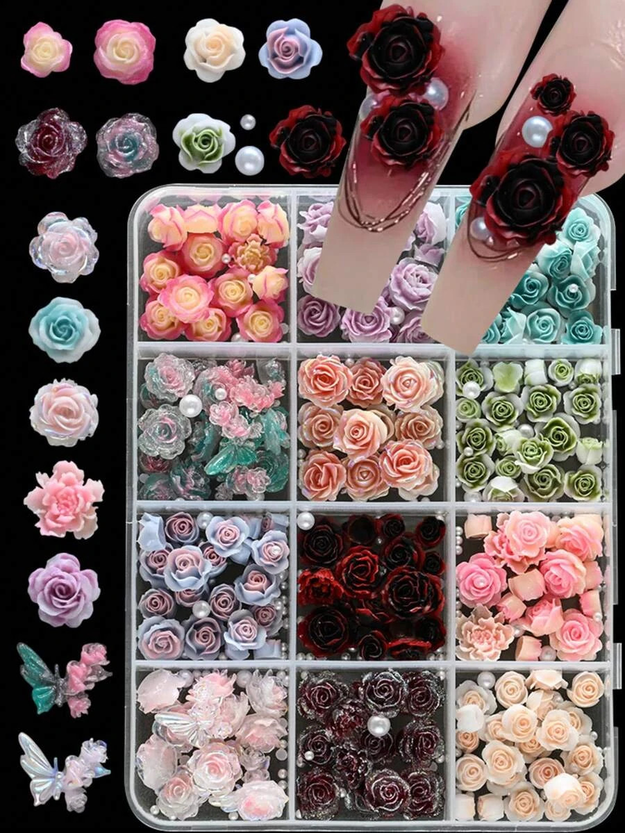 3D Flower Nail Charms Acrylic Petal Rhinestone Nail Art Decorations