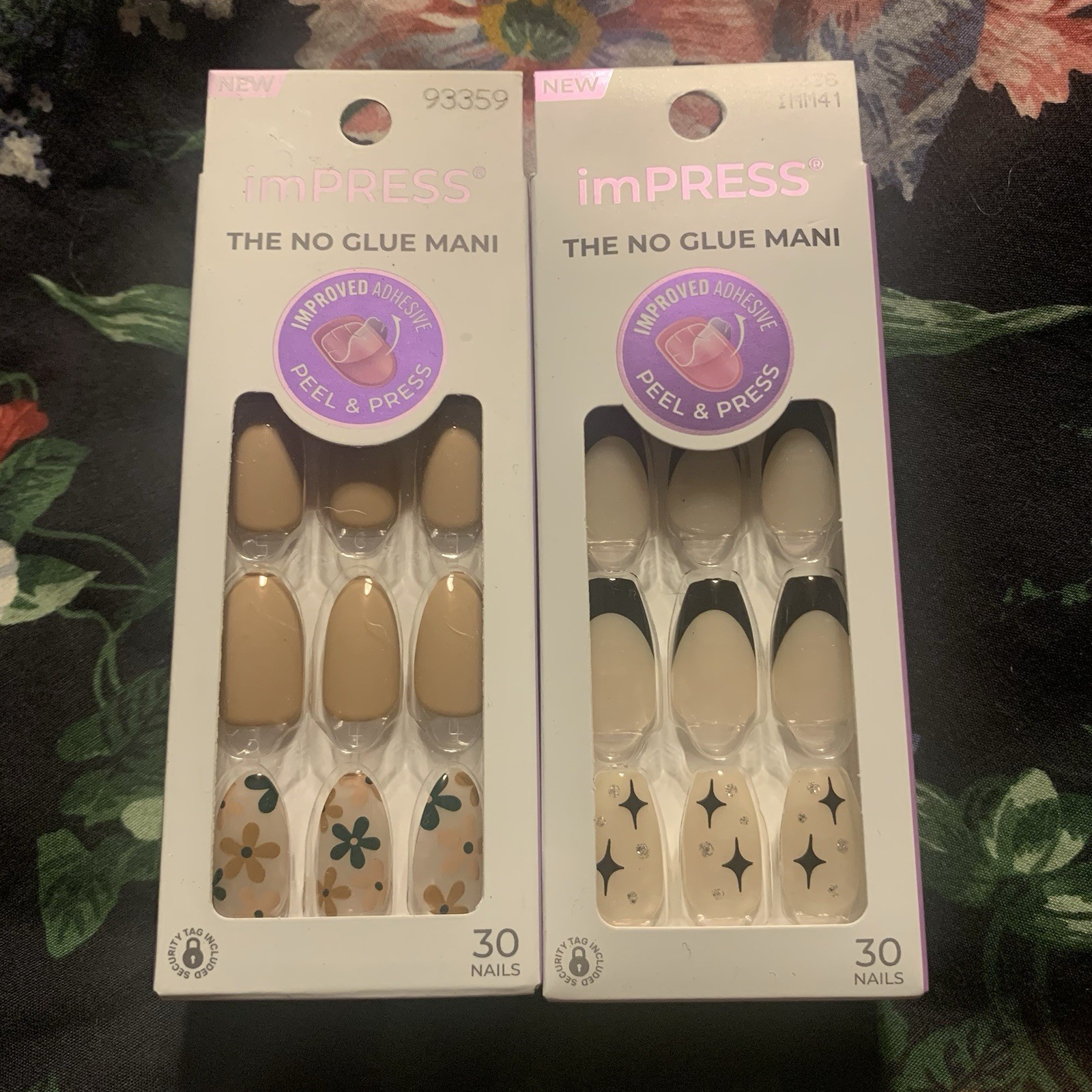 2-Pack Impress No Glue Mani Medium Length Floral French Black For The Night