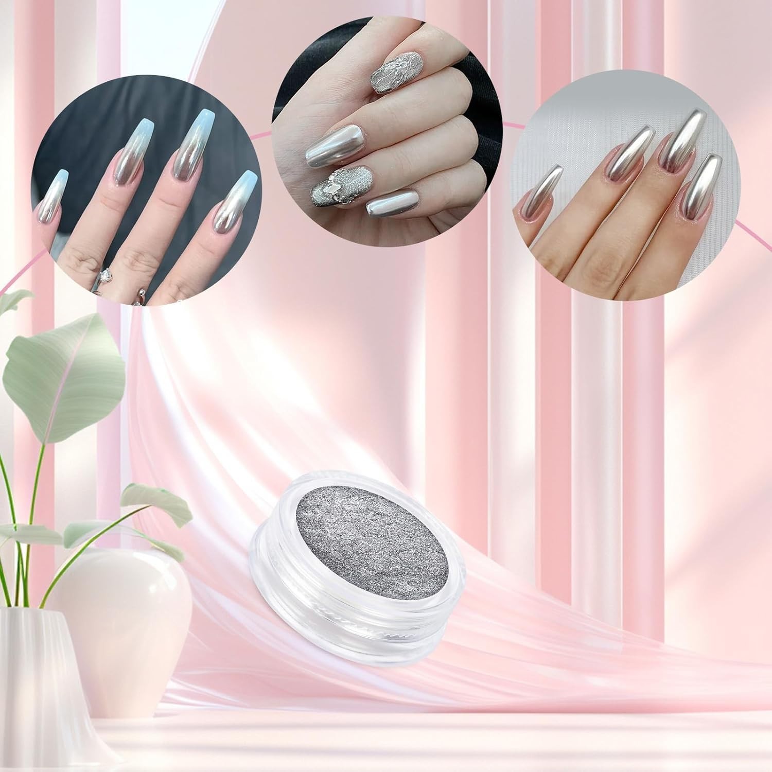 8 Jars Chrome Nail Powder Magic White Pearl Kit Mirror Effect Silver Metallic…