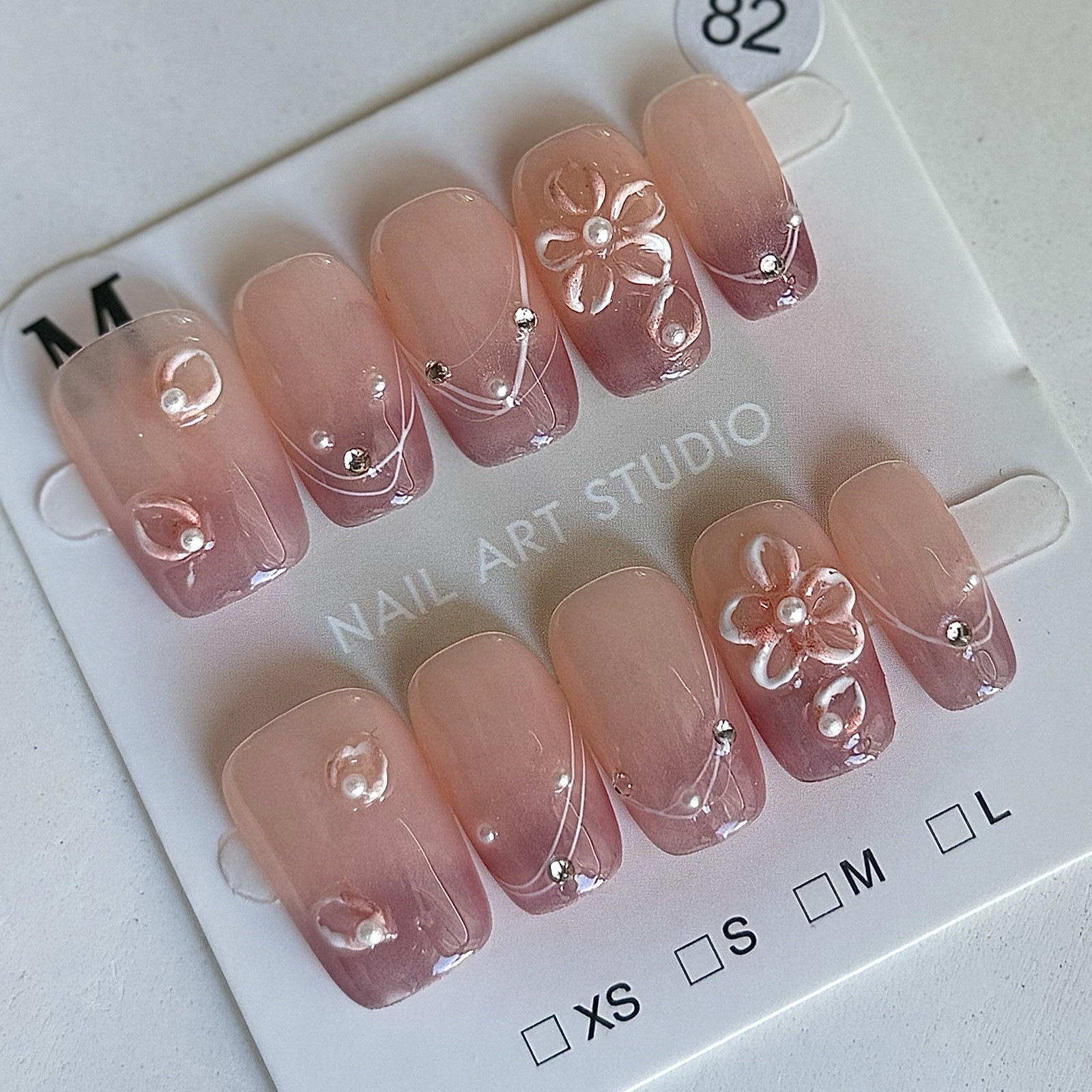 Handmade Pink Nude French Tip 3D Flower Press-On Nails Reusable False Nail