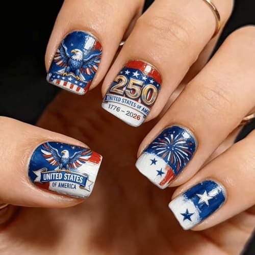 24Pcs 4th of July Press on Nails,Short Square Fake Nails Red White and Blue A43