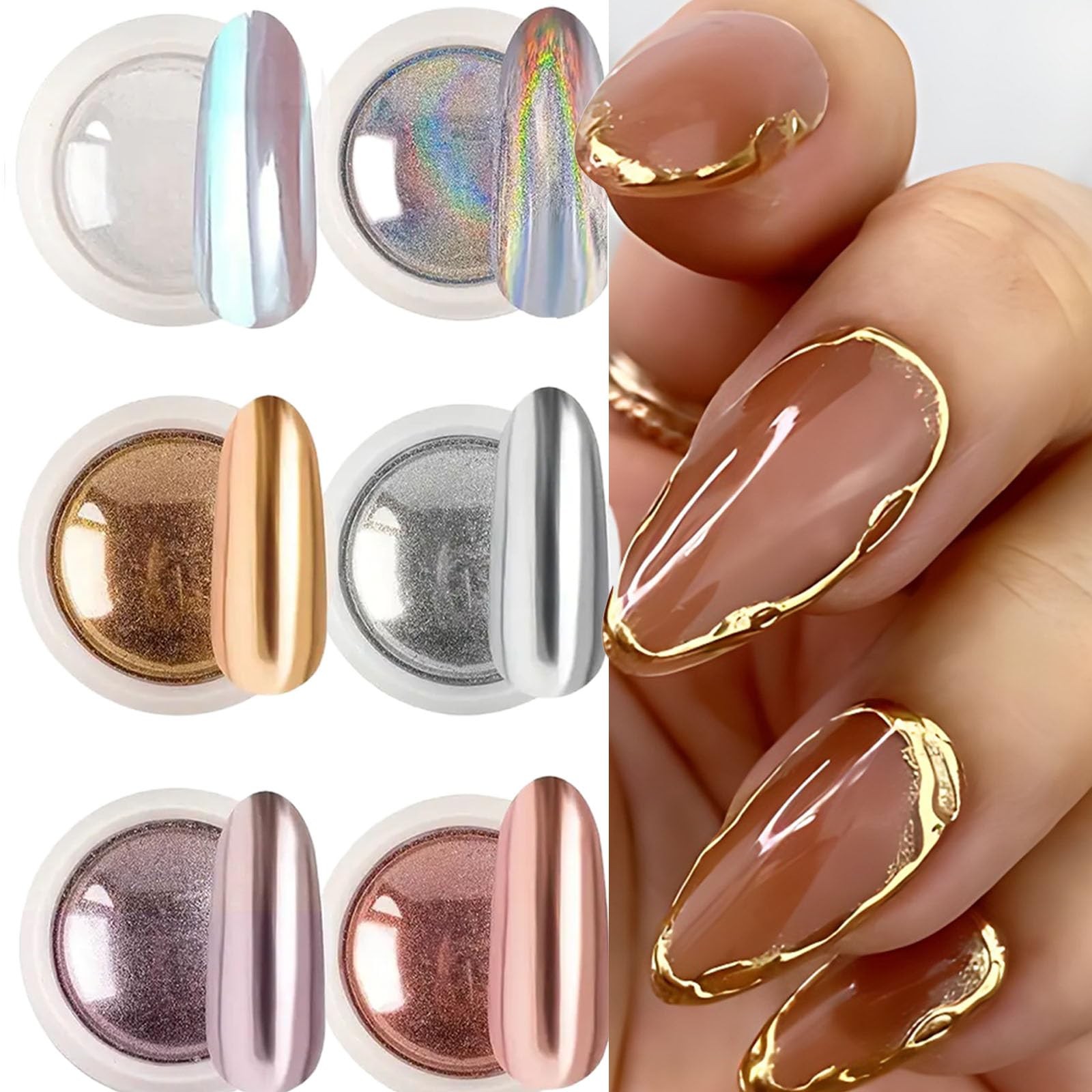 Chrome Nail Powder Set, 6 Colors Metallic Gold Silver Rose Pink White Mirror …