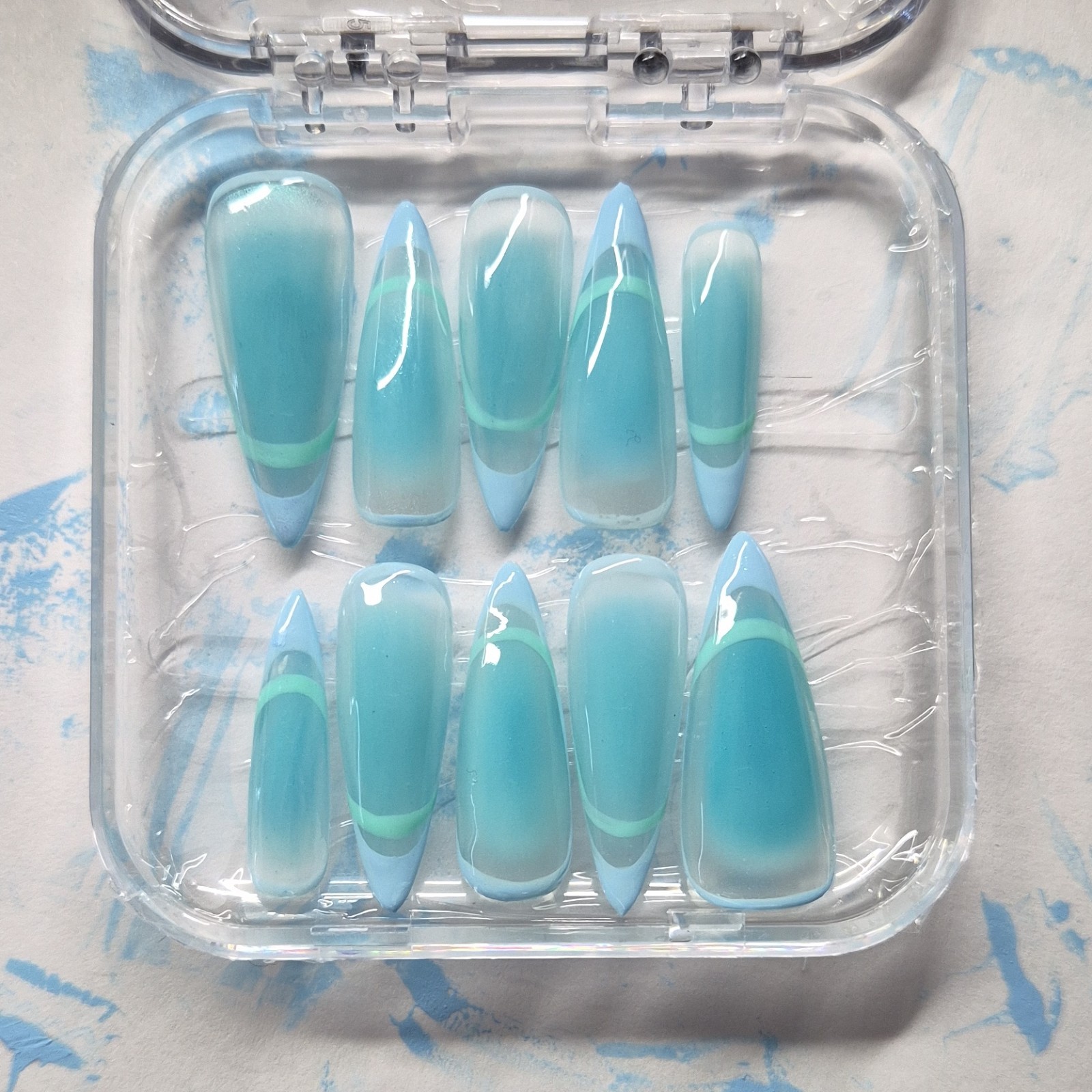 Blue Light Blue Green Shiny Ombre Stiletto Press-On Nails Pre-Designed Full Cov…