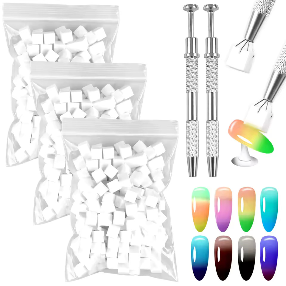200PCS Soft Ombre Nail Sponges + 2 Grabber Pens – Gradient Manicure Kit