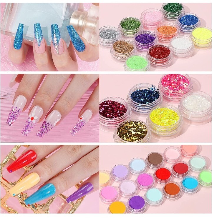 Acrylic Nail Kit Glitter Powder and Carving Powder Set Complete Practice Hand.