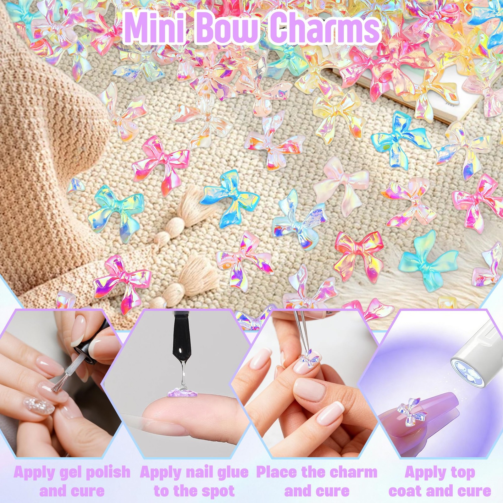 200Pcs Bow Nail Charms Resin Bowknot Nail Art Decoration Cute 3D Mix Aurora C…