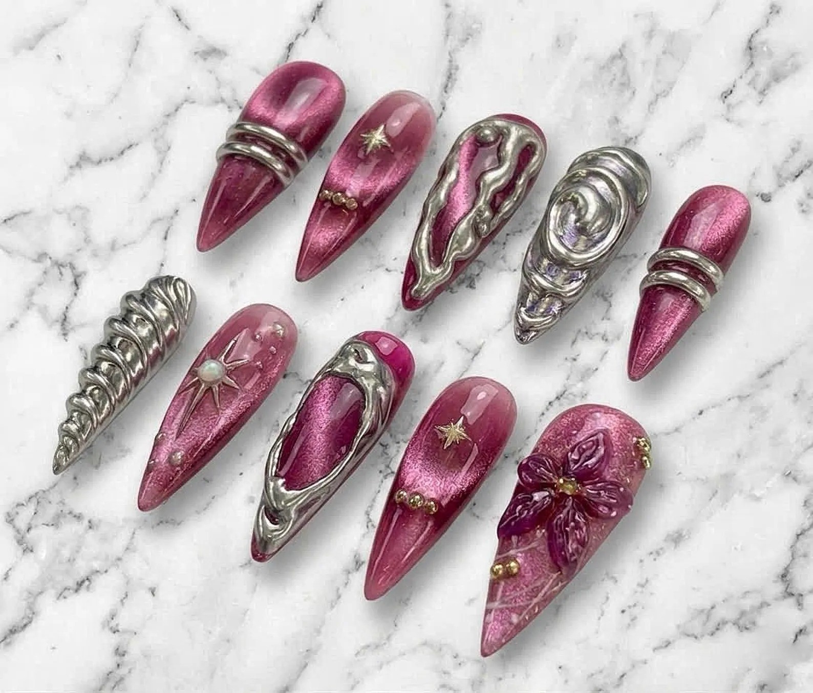 Pink Chrome Press On Nails 3D Flower Silver Y2K Handmade
