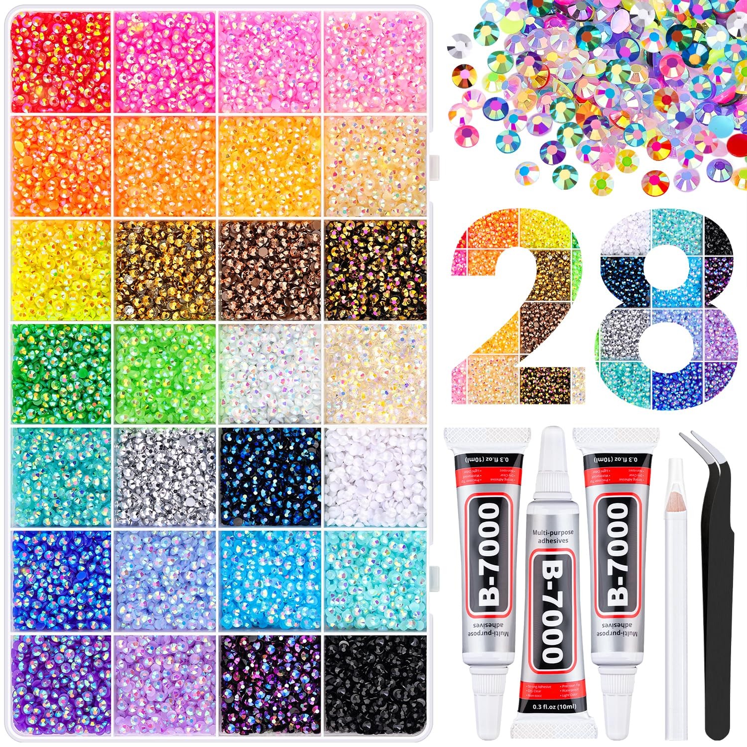 34000Pcs Resin Rhinestones with 3Pcs B7000 Jewelry Glue for Crafting, Multico…