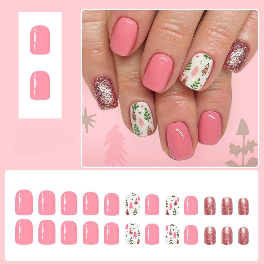 48pcs Christmas Pink Press On Nails Glitter Festive Holiday Wearable Nail Art