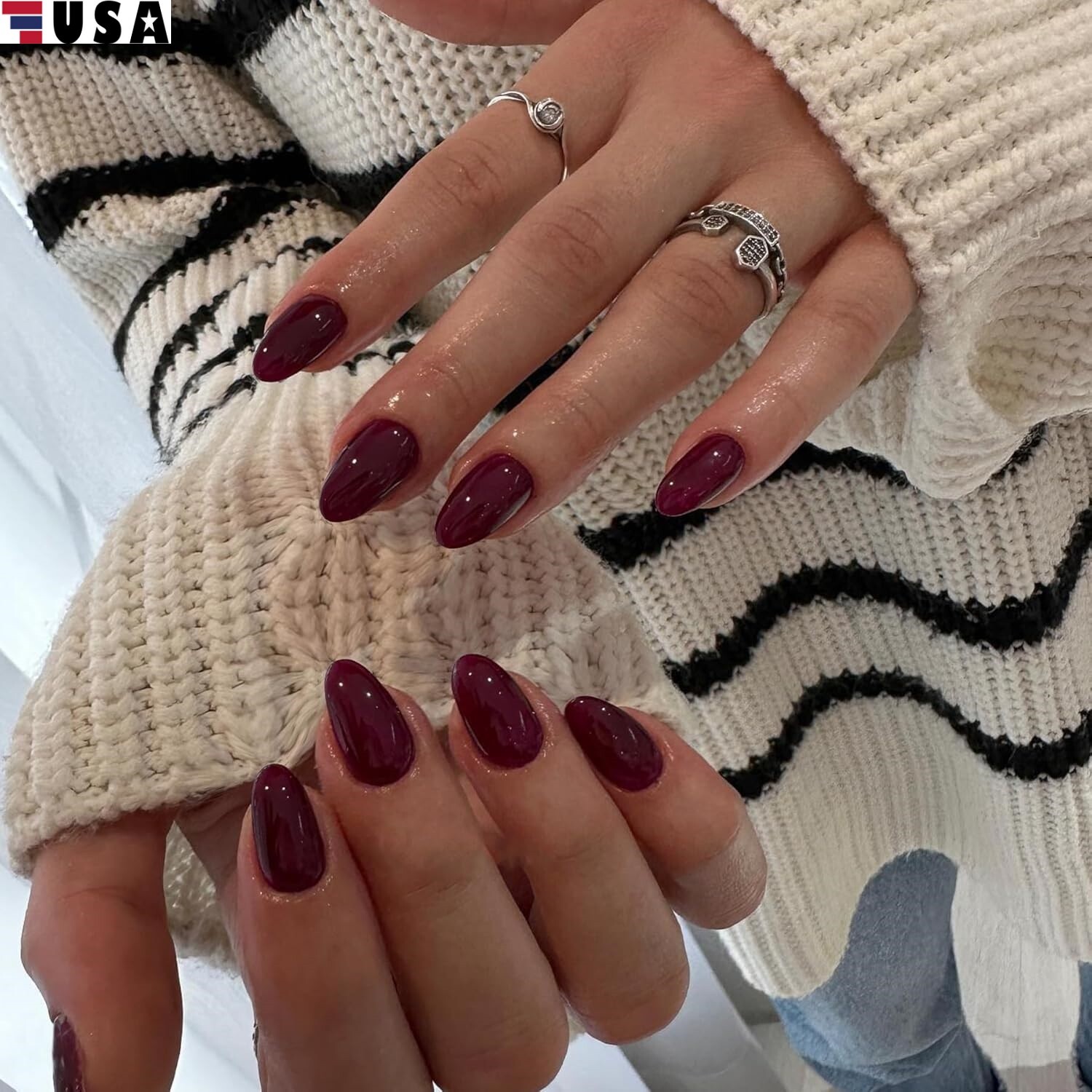 24Pcs Wine Red Press on Nails Short Almond Glue on Nails with Glossy Design USA
