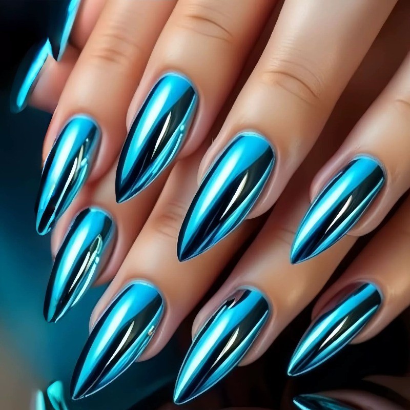 96PCS Metal Mirror Nails Reusable Purple Blue Pink Bottom Pattern Fake Nails