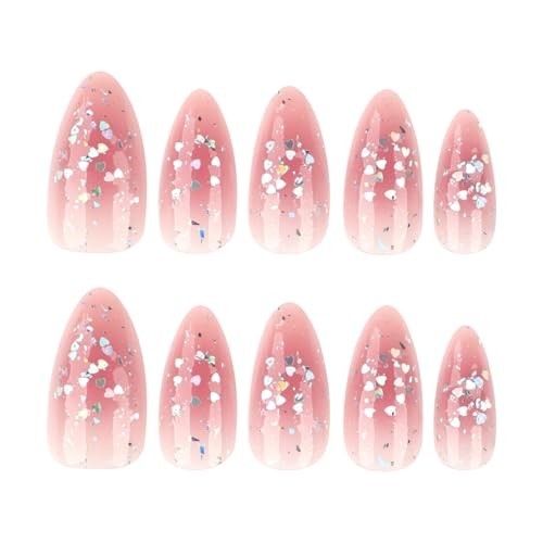 Cute Pink Glitter Press On Nails Almond Shape – 57-Tip with Pink Pearl Glitter