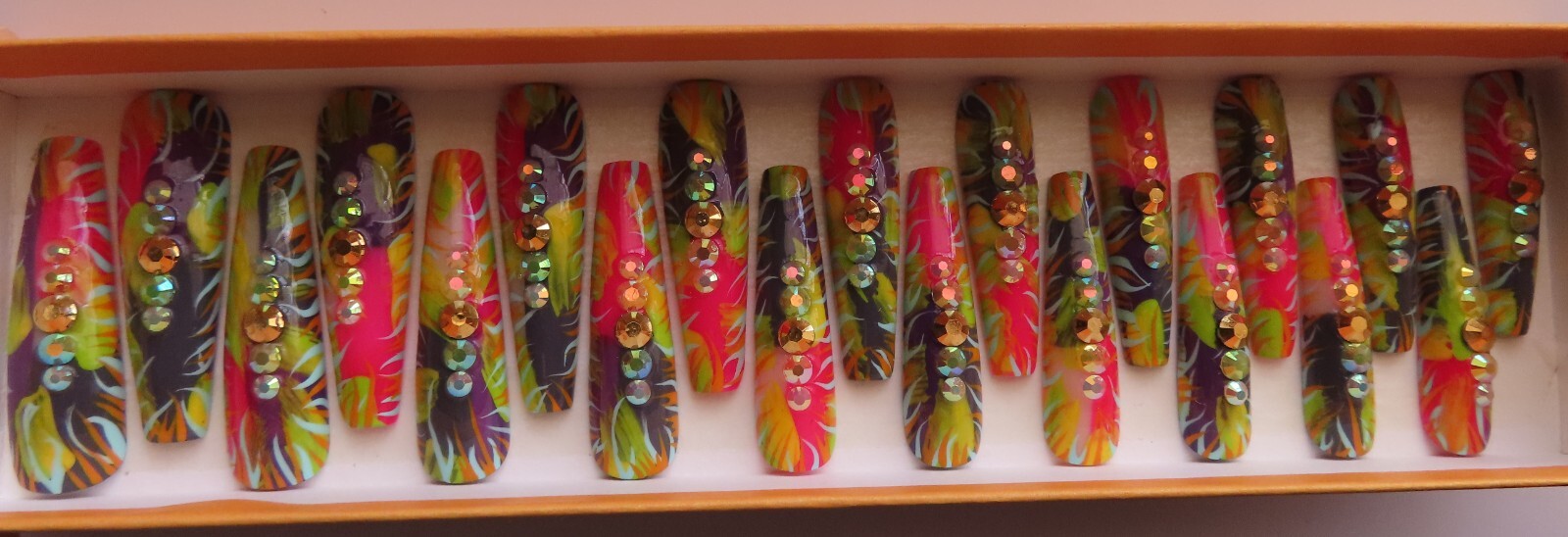 XL Pink Purple Blue Orange Yellow Rhinestone Abstract Coffin Press On Nails (20)