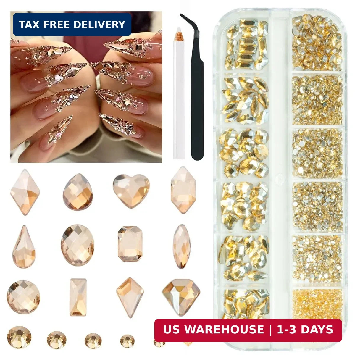 qiipii 2052Pcs Golden Rhinestones for Nails 72pcs Multi Shapes Crystal Flatback