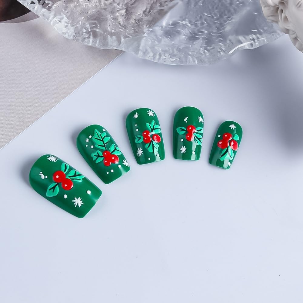 Christmas Press on Nails Short Square Glue on Nails with Holly Fruit Design C…