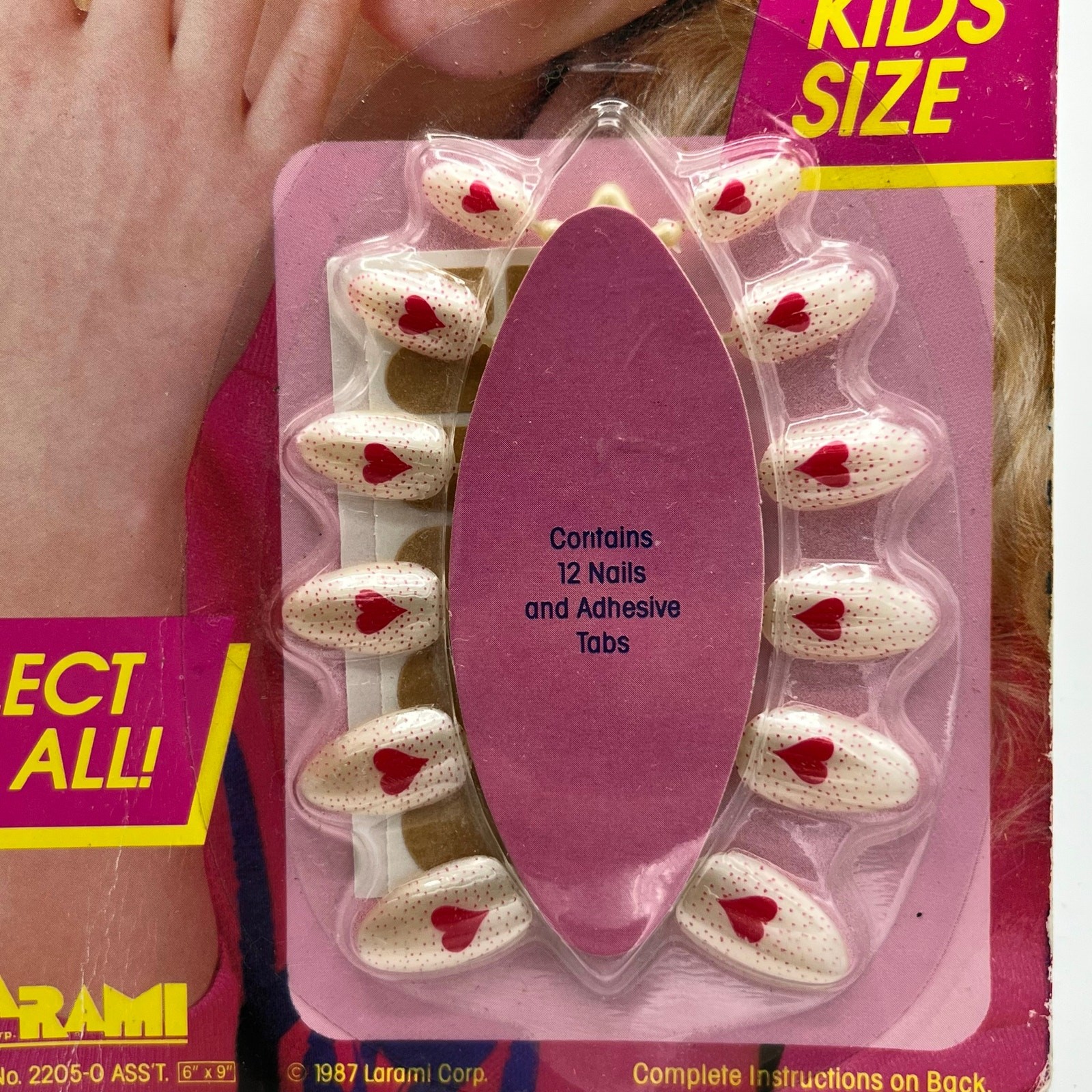 Vintage 80s Kids Press On Fake Nails Hot Nails White with Red Hearts Dots