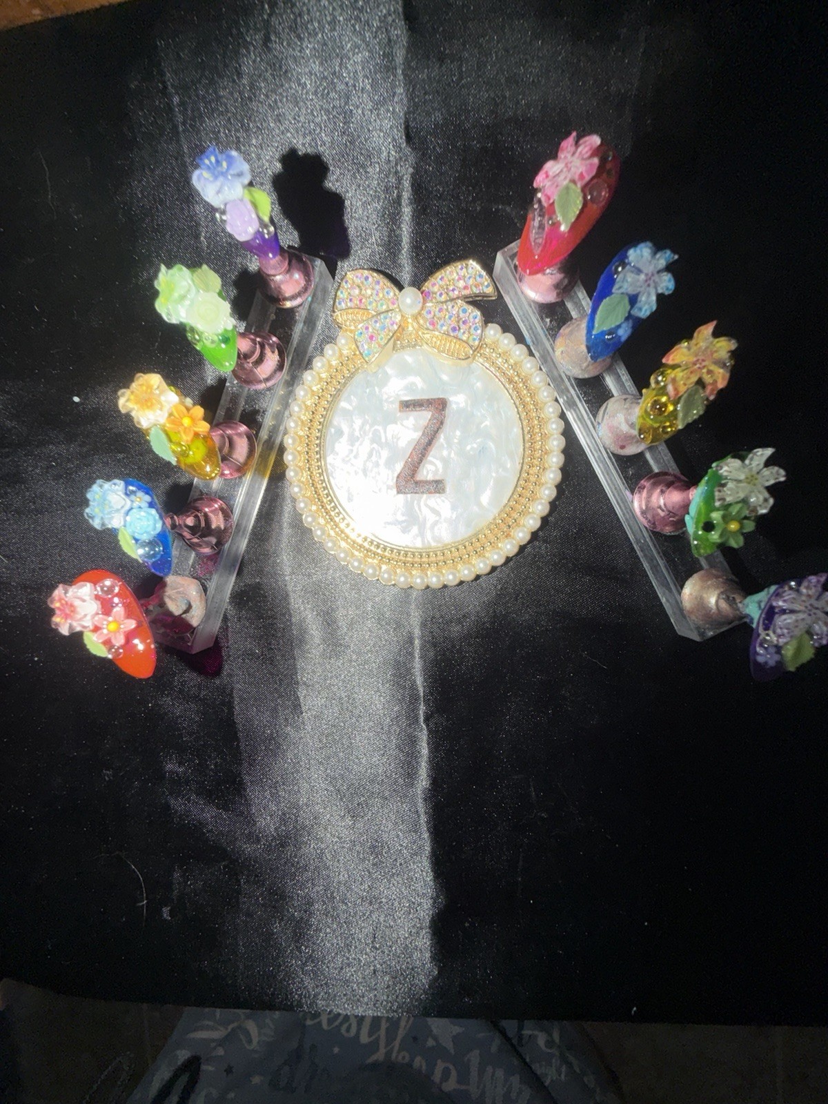 Z NAILZ! Handmade M Almond Multicolored 3D Floral Press On Nails