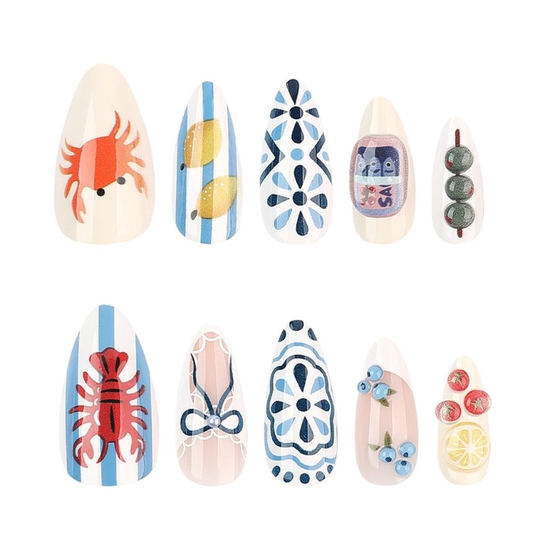 Press On Nail with Blue White Art Design False Nail for Travel Casual Outings