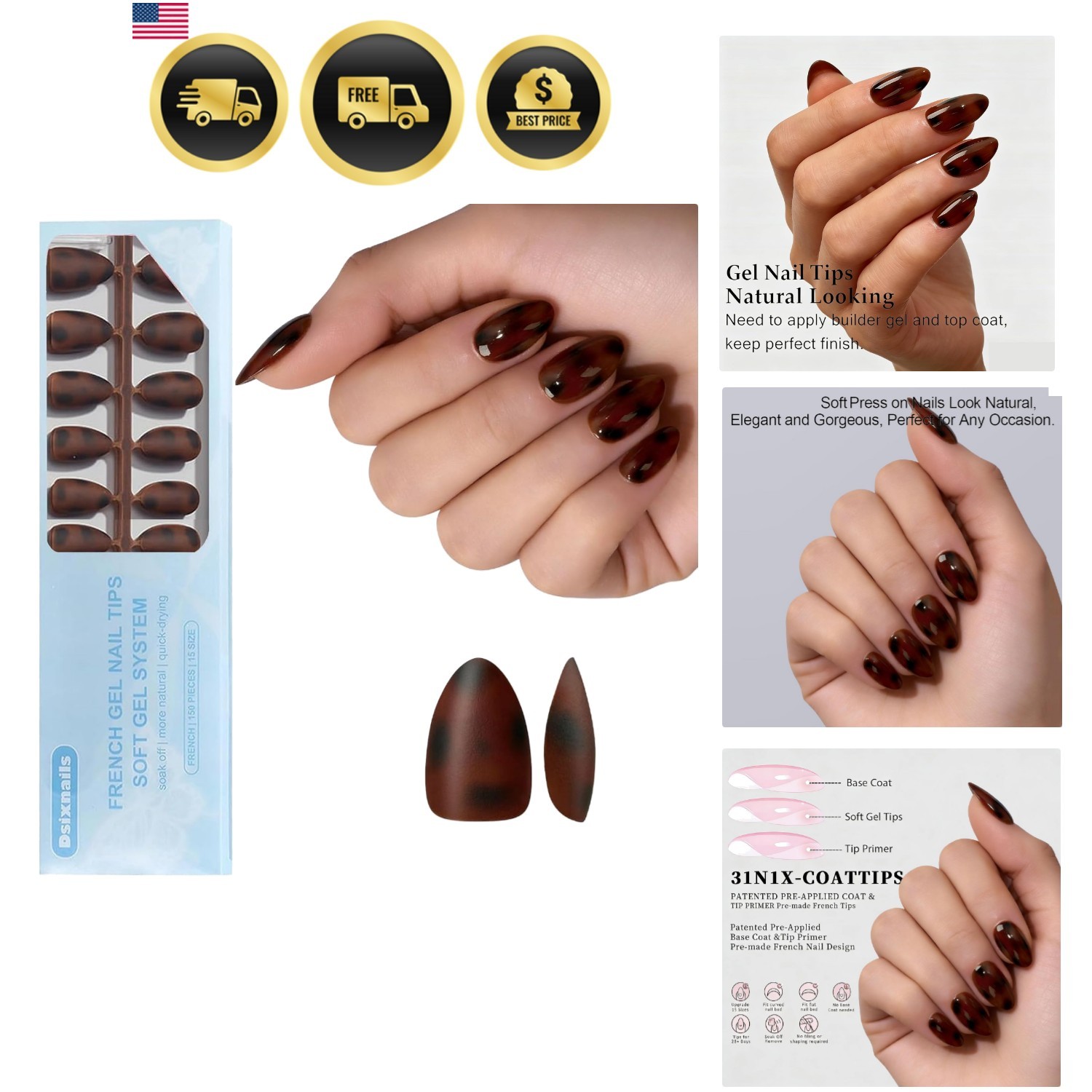 Tortoiseshell Short Almond Press on Nails, Soft Gel Nail Tips | Soak Off Acry…