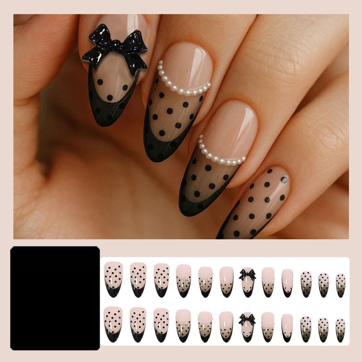Black French Tip Press on Nails Medium Almond Nude False Nails 24Pcs