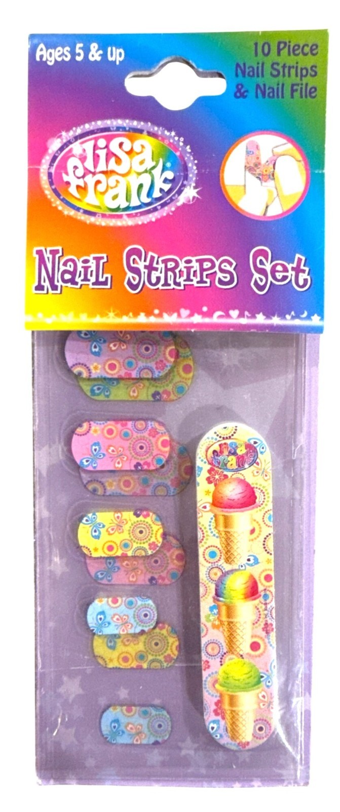 LISA FRANK 10 Nail Strips+FILE Yellow +Pink +Blue ICE CREAM Butterfly Flower 5+