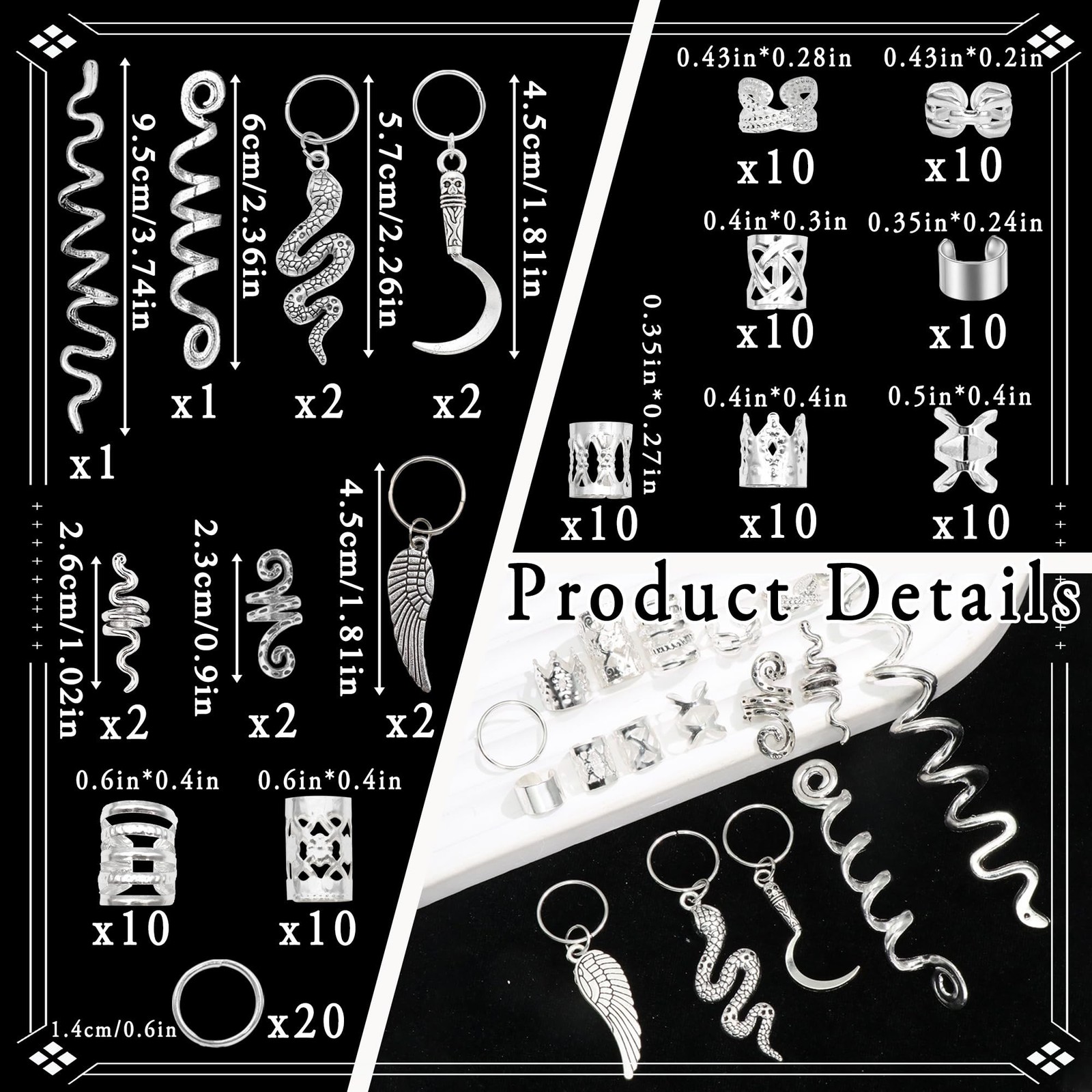 122PCS Silver Hair Jewelry Snake Loc Charms Braids Clips Multi Style Hair Cuf…