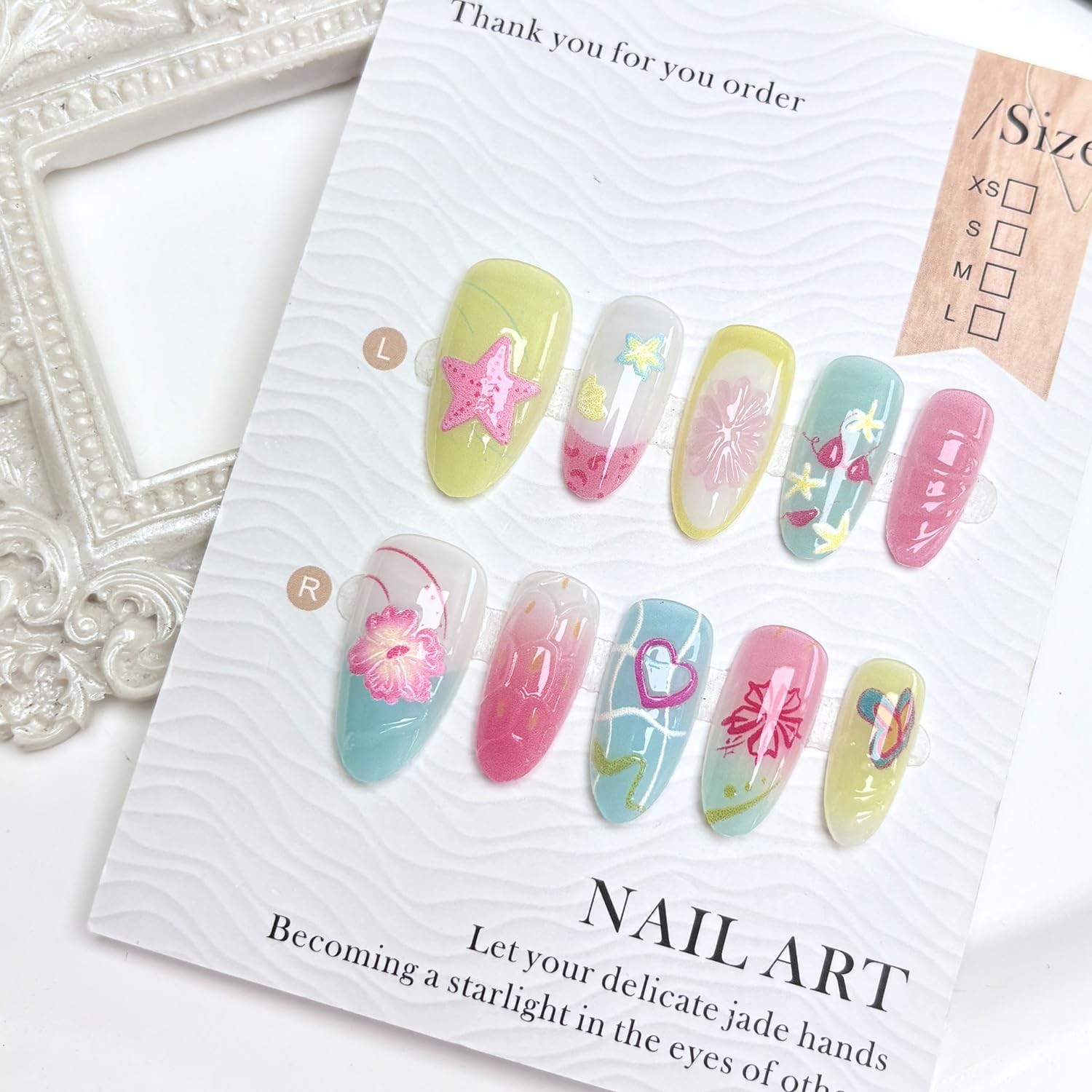 30Pcs Summer Ocean Press on Nails Almond Medium Multicolor Full Cover Glossy …
