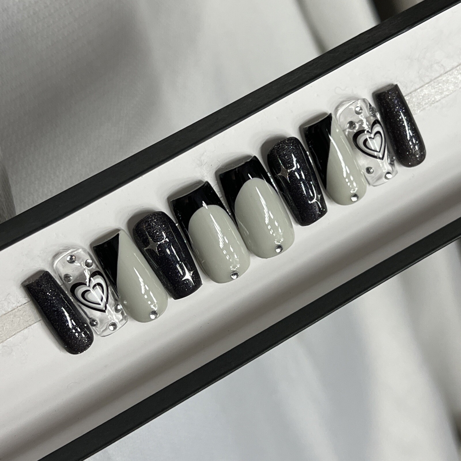 🤍 CUSTOM Hard Gel Press On Nails Black GREY HEART Bling 10p FULL SET SQUARE