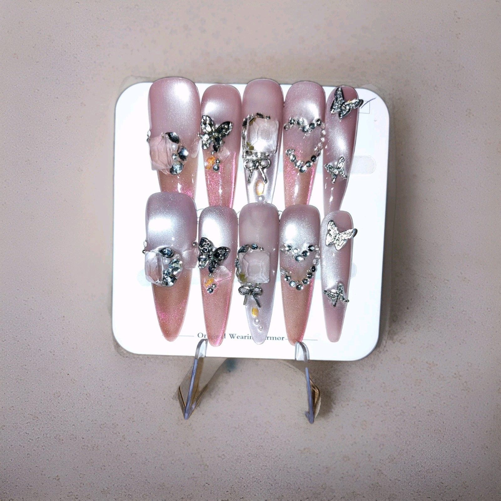 Pink Rose Gold Cat Eye 3D Butterfly Bow Long Almond Press-On Nails Full Cover