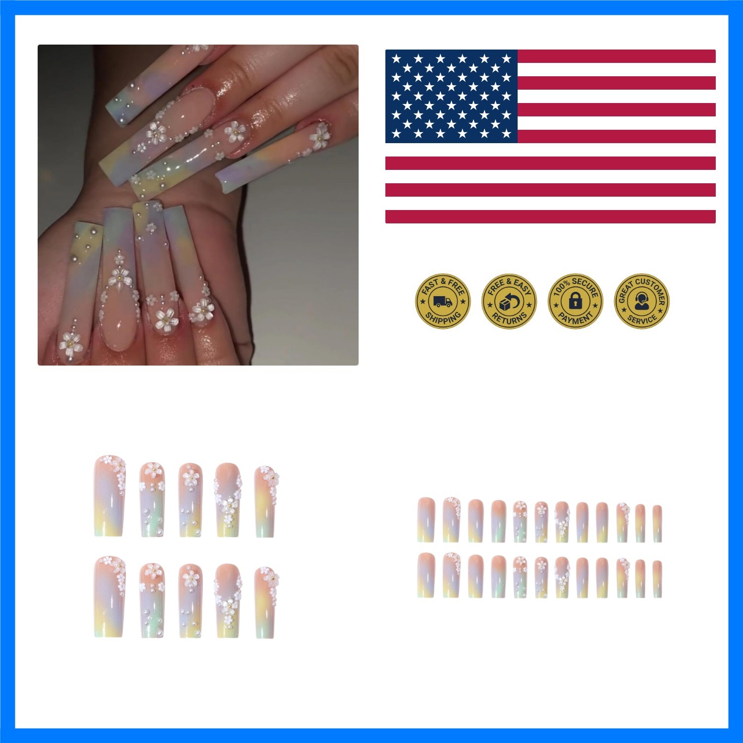 Press on Nails – Long Square Glue on Nails with Summer Colorful Ombre, Acryli…
