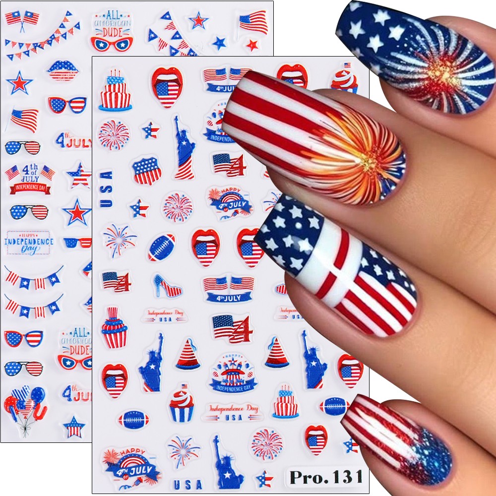 6 Sheets 4th of July Nail Art Stickers 3D Decals Red Blue White American Flags