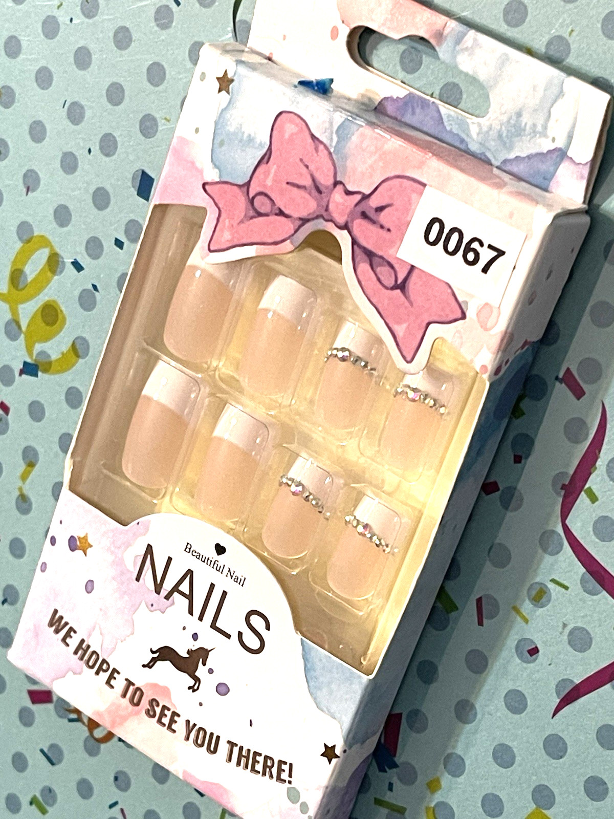 Beautiful Nails NUDE with WHITE FRENCH TIP & RHINESTONES Press On Manicure NIB