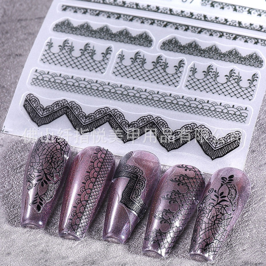 2Pcs Nail Stickers Black White Lace Self-Adhesive Slider Peel Off Decoration NH7