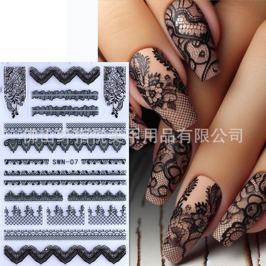 2Pcs Nail Stickers Black White Lace Self-Adhesive Slider Peel Off Decoration NH7