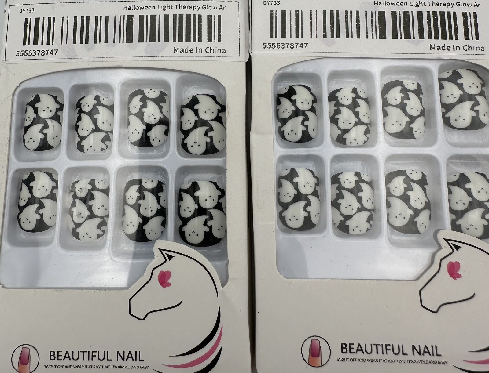 2 Pack 48PC Halloween Lot Squared Short Press On Nails Glow In The Dark Ghosts