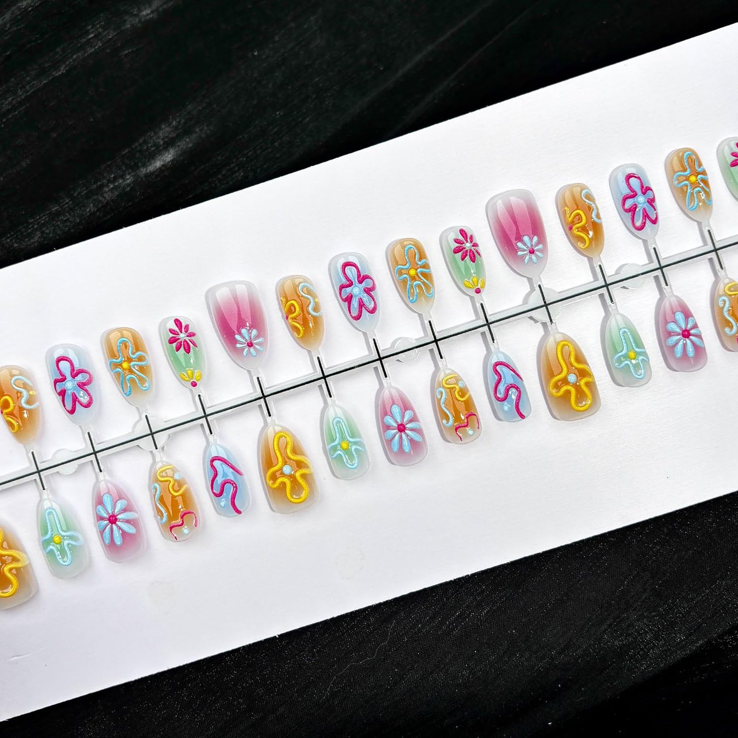 30Pcs Colorful Flower Press on Nails Short Almond Fake Nails with 3D Designs Spr