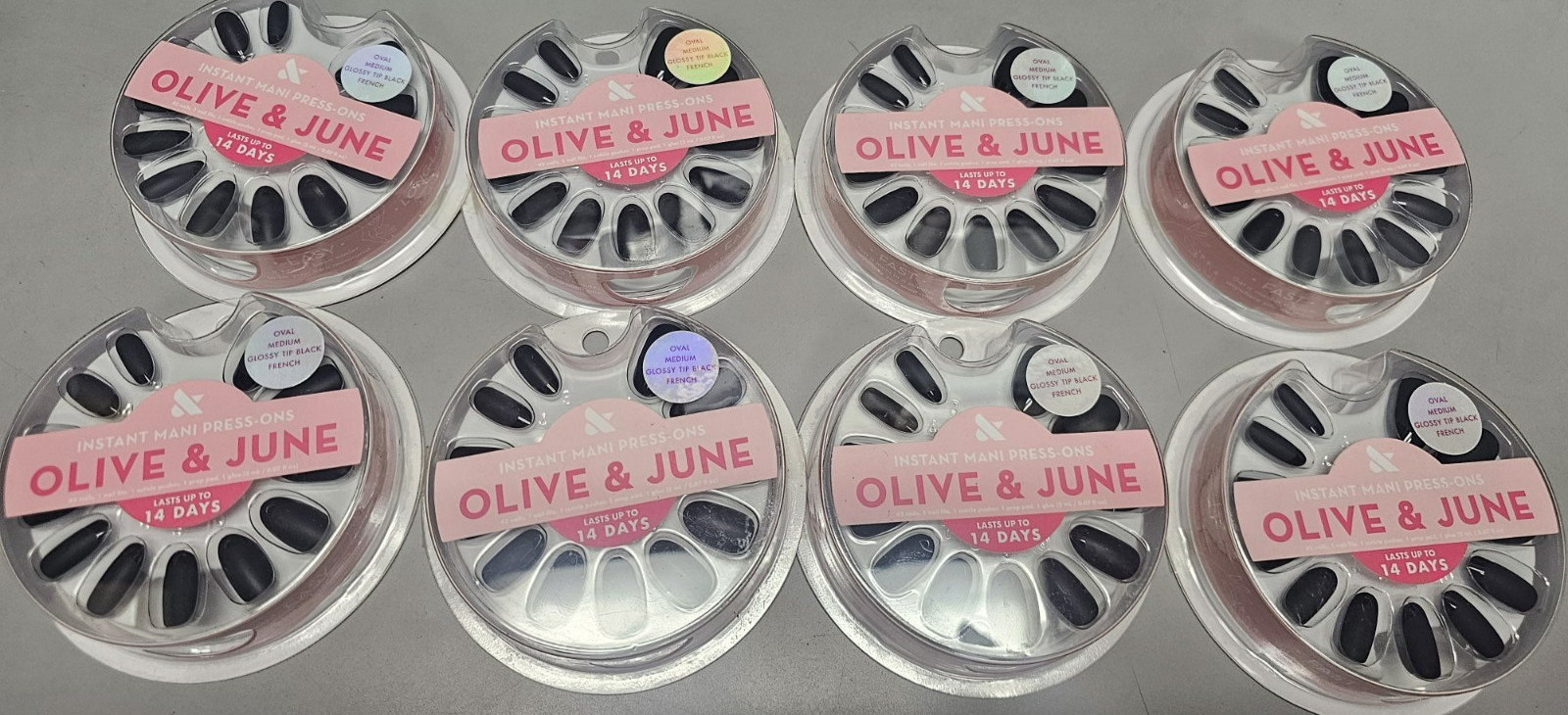 8X Olive & June Instant Mani Press On OVAL MED GLOSSY TIP BLACK Shimmer Nails