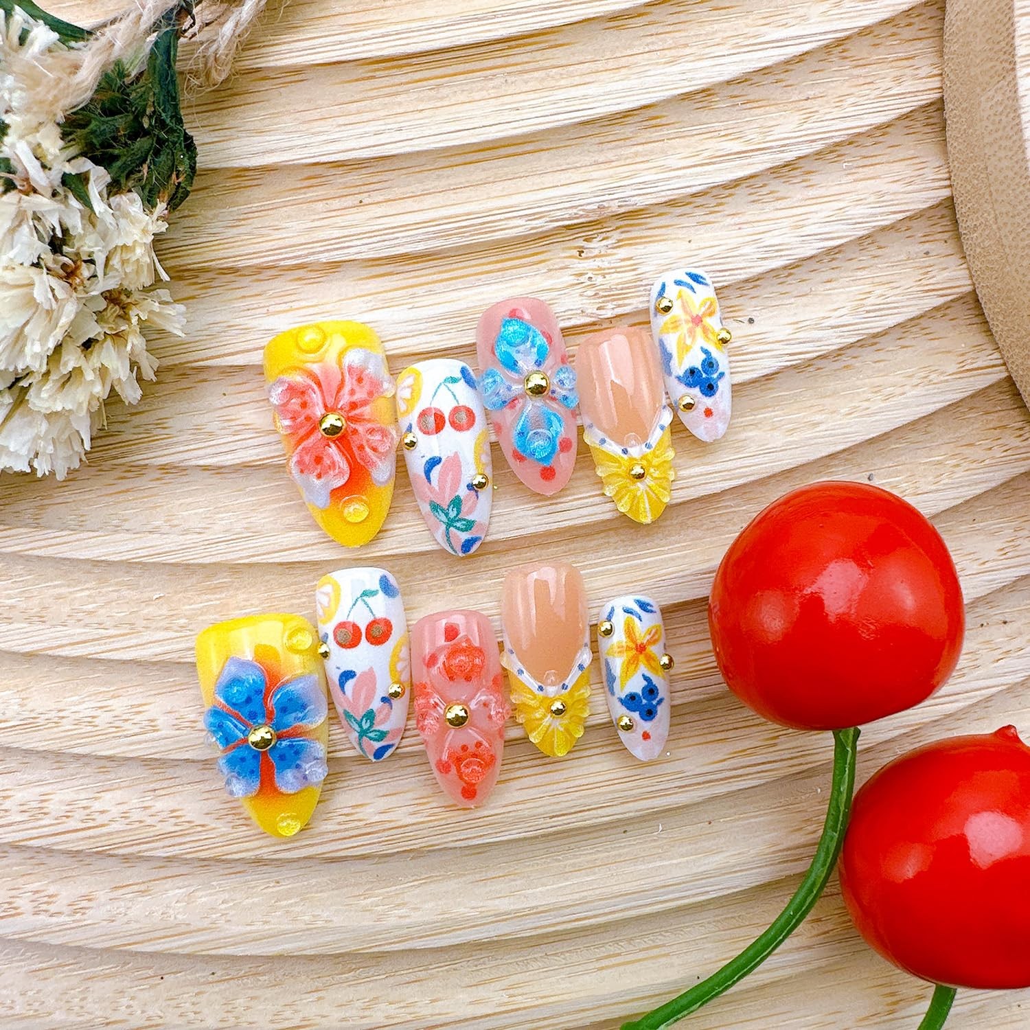 30Pcs Summer Press on Nails Medium Almond 3D Lemon French Medium, Multicolor