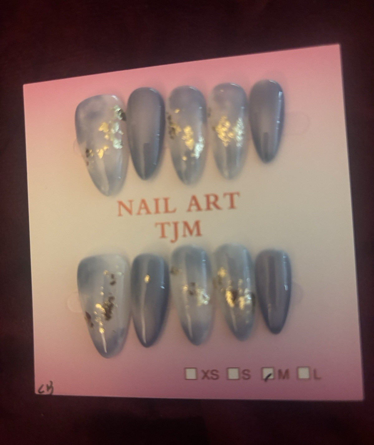 NAIL ART TJM Press-On Nails Set Blue/Gold Shiny Pre-Designed Medium Coffin